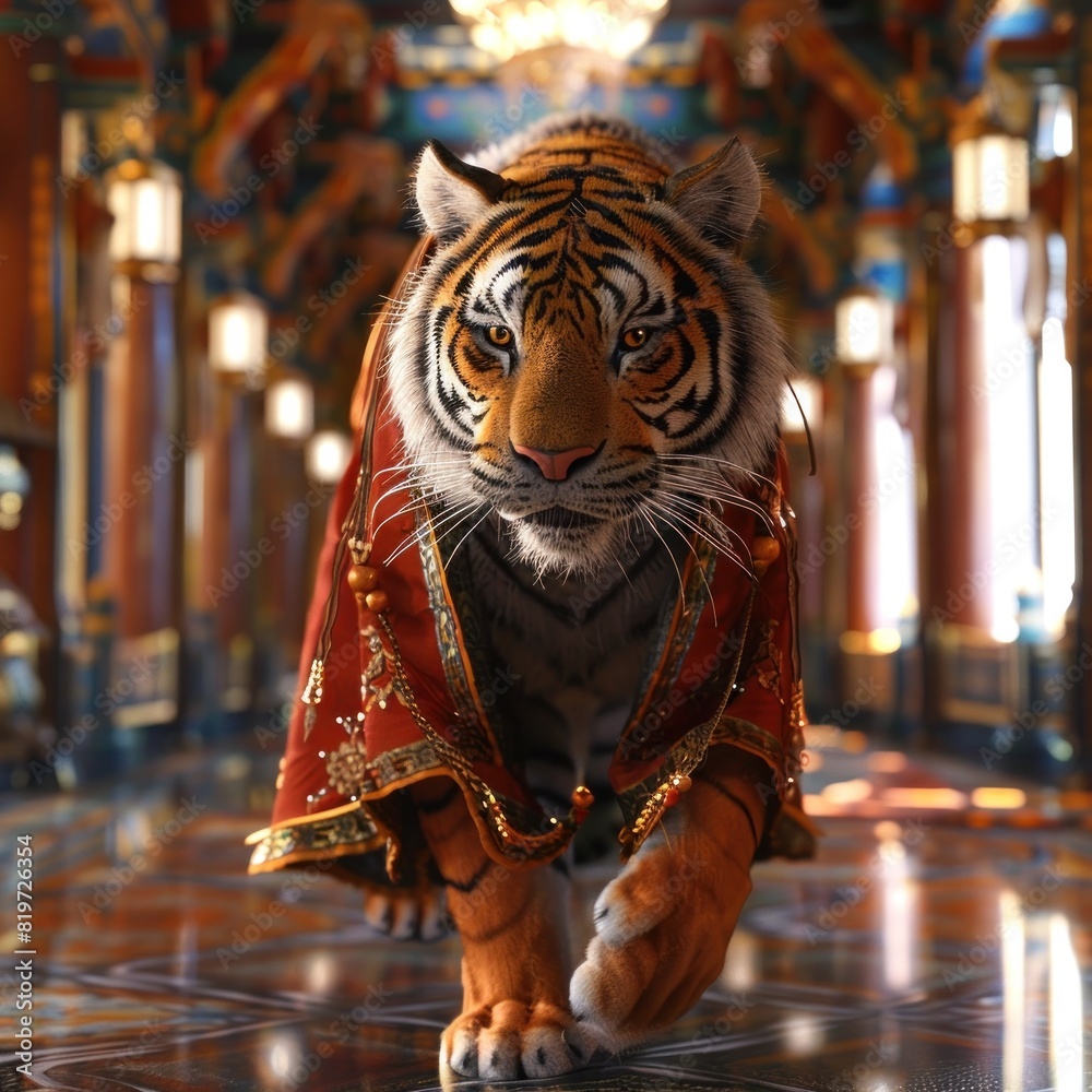 Luxurious Chinese Clothing Adorns a Prowling Tiger in a Steampunk Palace Corridor