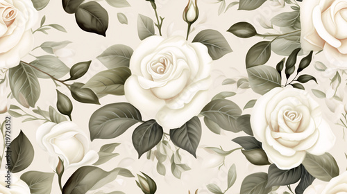 Sophisticated seamless pattern of watercolor white roses and detailed leaves, set against a gentle, muted backdrop for a classic and refined look