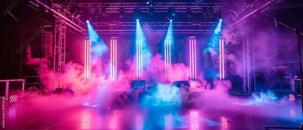 Highenergy stage setup with glowing neon lights and billowing smoke, ideal for electronic music events