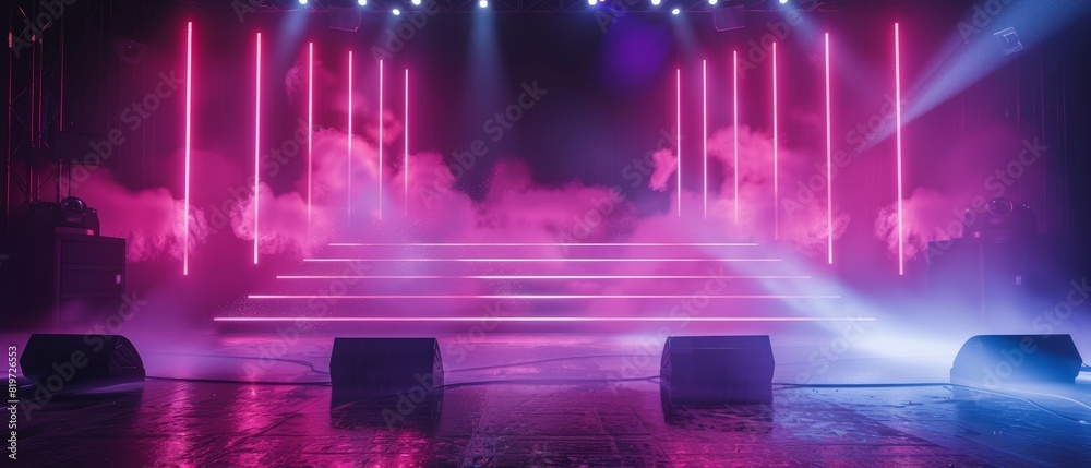 Highenergy stage with neon lights and atmospheric smoke, perfect for concerts and events