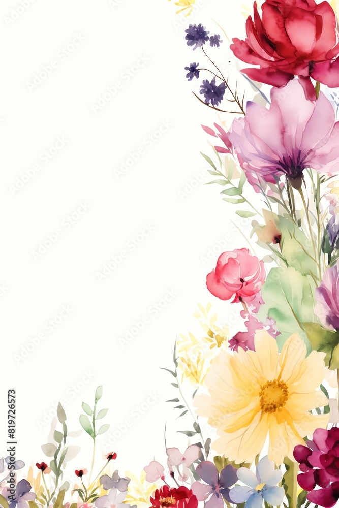 A beautiful watercolor painting of a variety of flowers, including roses, peonies, and daisies