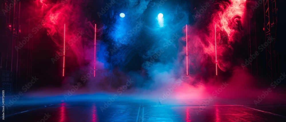 Hightech stage setup with bright neon lights and swirling smoke effects, ideal for events