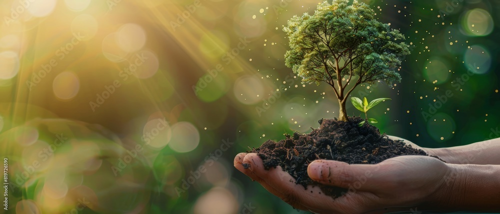 Fototapeta premium Holding a delicate tree with soil in hands, focusing on growth and environmental care