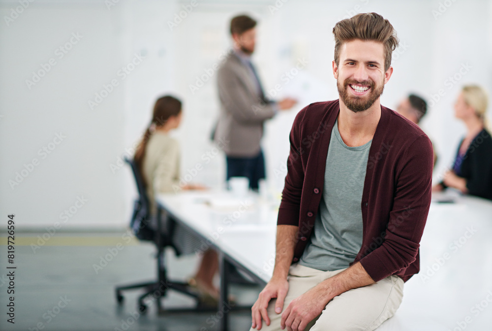 Obraz premium Business, man and portrait in coworking workplace for creative job, happy employee and company goals with vision for growth. People, office and meeting discussion, project manager and male person