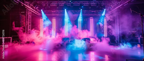 Highenergy stage setup with glowing neon lights and billowing smoke  ideal for electronic music events