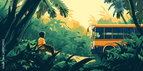 a bus in the middle of a jungle in the background and a boy sitting in a wheelchair in the foreground photo