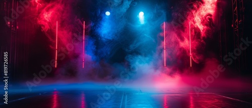 Hightech stage setup with bright neon lights and swirling smoke effects, ideal for events