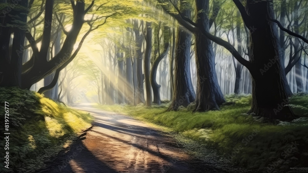 Enchanting forest pathway with beams of sunlight filtering through the trees, creating a mystical atmosphere. Yellow bright sun ray shine under the tree in the peaceful forest with pathway. AIG35.