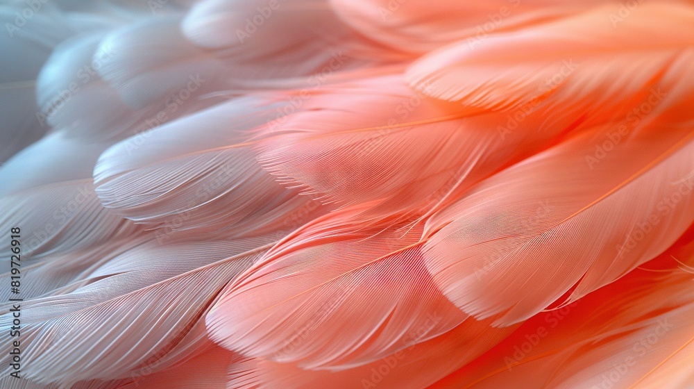 A close-up of a pink and white bird's feathers against an orange and white background A close-up of a pink and white bird's feathers against an orange and white background