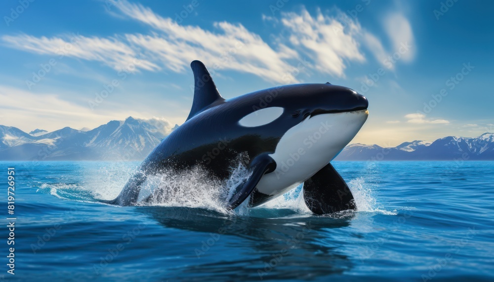 Groups of Orcas or killer whales swim and hunt for prey, the top of the food chain in a sea of ice floes Groups of Orcas or killer whales swim and hunt for prey, the top of the food chain in a sea of ice floes