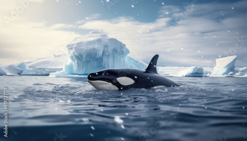 Groups of Orcas or killer whales swim and hunt for prey, the top of the food chain in a sea of ​​ice floes