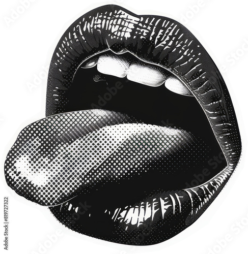 Mouth collage element. Punk y2k collage elements. Retro magazine clipping. Open mouth with tongue. Lips halftone. Generative AI