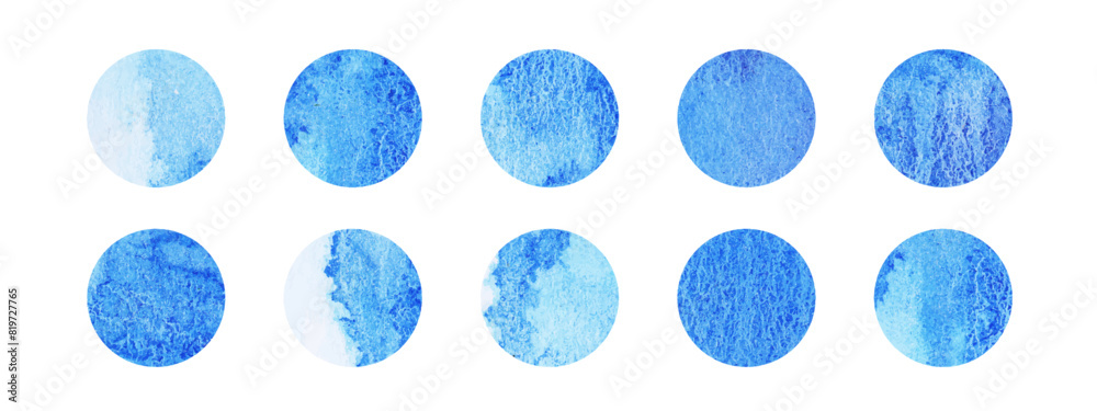 Blue Watercolor elements drawn on paper. Circle Frames of background. Hand drawn collection in watercolor spots. Wet Paper texture, spreading paint. Blue Watercolor elements drawn on paper. Circle Frames of background. Hand drawn collection in watercolor spots. Wet Paper texture, spreading paint.