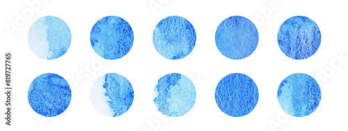 Blue Watercolor elements drawn on paper. Circle Frames of background. Hand drawn collection in watercolor spots. Wet Paper texture, spreading paint.