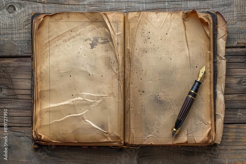 A weathered open book with empty pages seen from above with a classic fountain pen resting on the side on a wooden desk