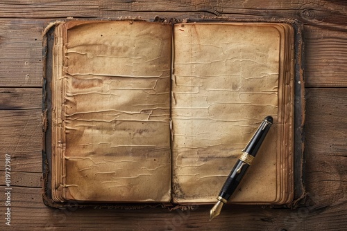 A weathered open book with empty pages seen from above with a classic fountain pen resting on the side on a wooden desk