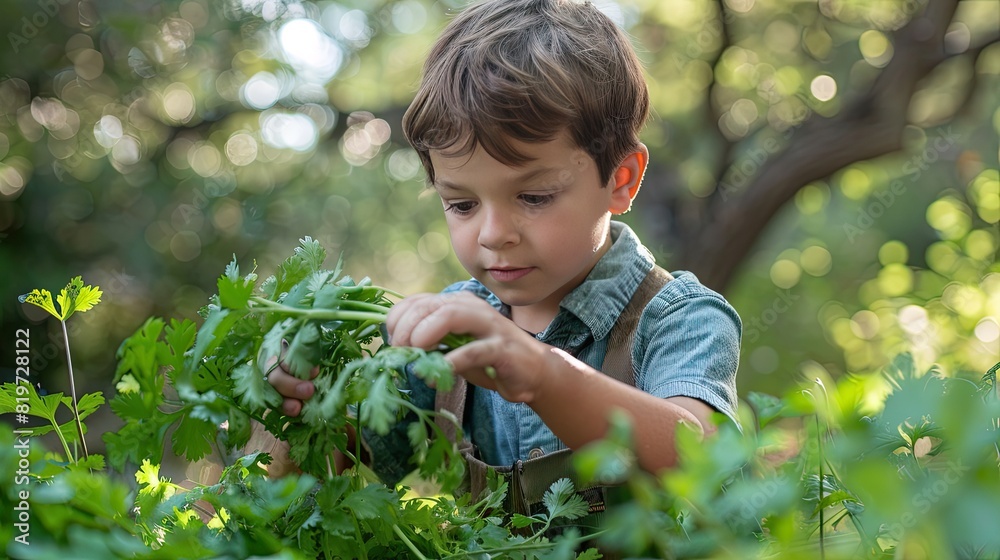 the child is picking cilantro. Selective focus the child is picking cilantro. Selective focus