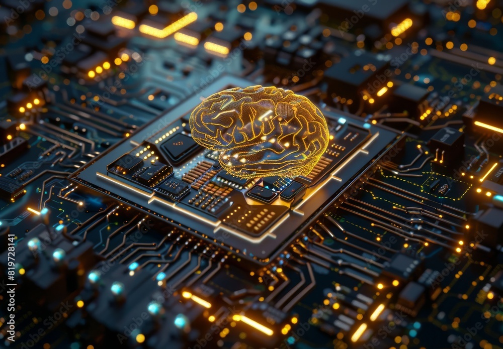 A 3D-rendered graphic of an AI-themed electronic chip shaped like a human brain at the center of a circuit board in digital cyberspace. A 3D-rendered graphic of an AI-themed electronic chip shaped like a human brain at the center of a circuit board in digital cyberspace.