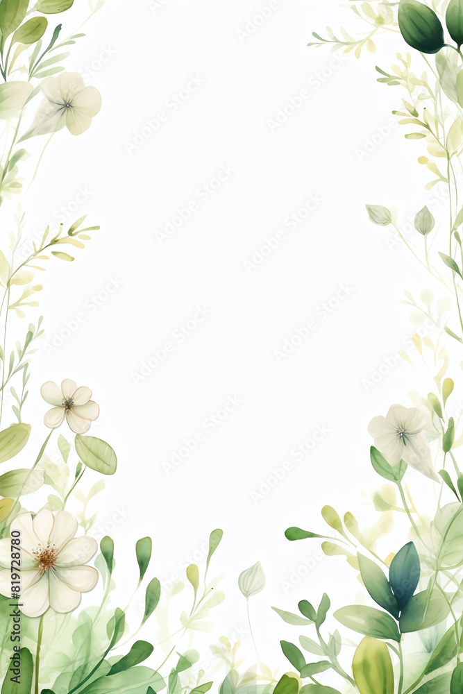 An elegant watercolor floral frame featuring delicate white and cream flowers, and lush green leaves