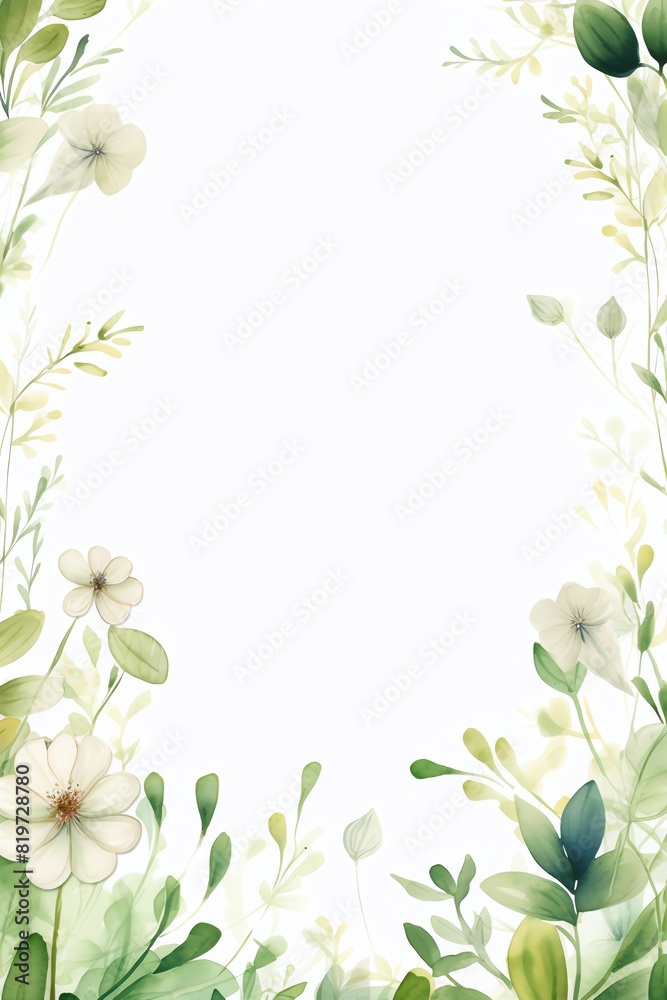 Fototapeta premium An elegant watercolor floral frame featuring delicate white and cream flowers, and lush green leaves