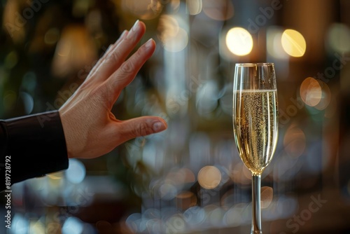 A hand gesturing no to a flute of champagne with a blurred celebration scene in the background showcasing self control photo