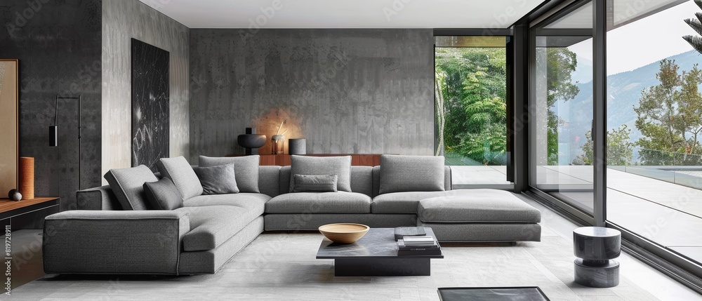 Modern minimalist living space with a grey sofa and clean lines