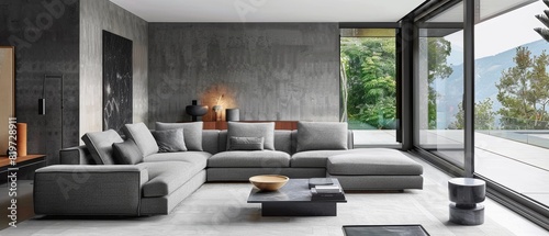 Modern minimalist living space with a grey sofa and clean lines