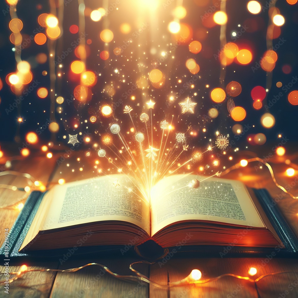 Open book with glowing lights on bokeh background. Illustrations vector Generative Ai Open book with glowing lights on bokeh background. Illustrations vector Generative Ai