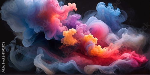 Colorful swirling cloud of dense smoke on dark background