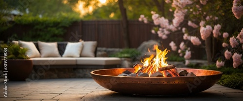 Rustic backyard fire pit with detailed carvings in cozy garden 