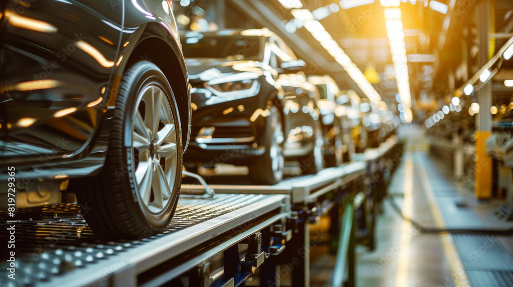 Fototapeta premium A car production line with cars on the assembly belt in the factory