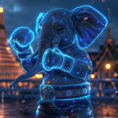 Elephant in Boxing Gear Practices Punches Against Holographic Trainer at Wat Phra Kaew Dusk photo