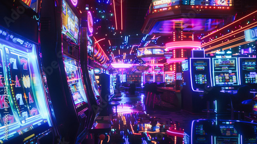A casino with rows of slot machines illuminated by colorful lights