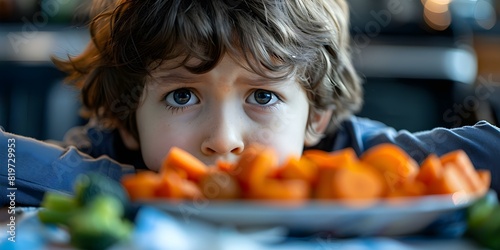 Child sulking at plate of vegetables during family mealtime struggles. Concept Family dynamics, Healthy eating, Childhood development, Mealtime challenges, Parenting strategies photo