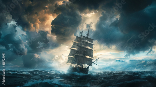 A majestic sailing ship in the middle of a stormy sea, with dramatic clouds and waves crashing around it