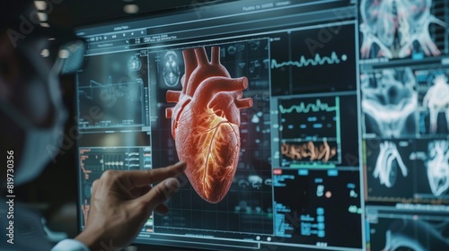 Radiologists work to diagnose and treat human heart disease virtually on a modern screen interface. photo