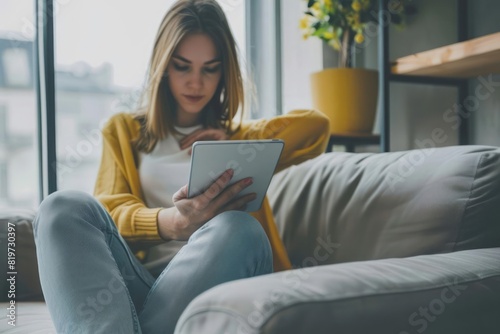 A young professional reviewing her notes on a tablet while waiting on a sofa in a stylish office interior