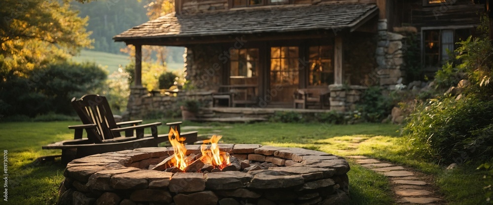 Cozy backyard fire pit in front of rustic country house