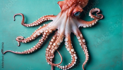 Top view of a single octopus on teal table background