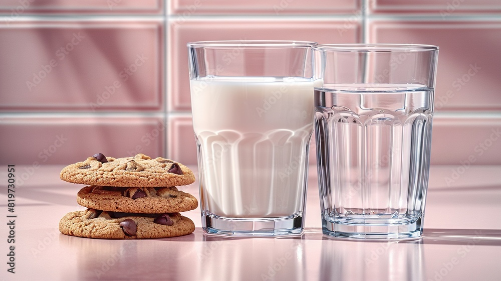 A tall glass of milk with cookies beside it on a countertop A tall glass of milk with cookies beside it on a countertop