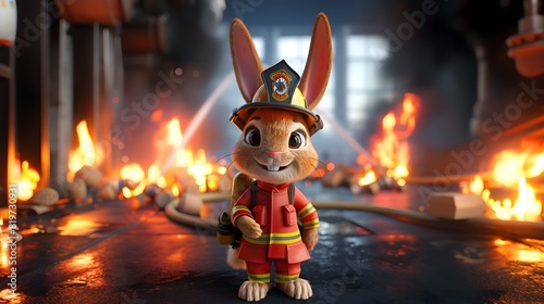 Heroic Cartoon Rabbit Firefighter Battling Flames in Dramatic Rescue Mission