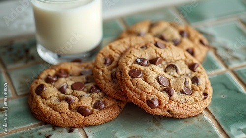  Three chocolate chip cookies next to a glass of milk on a tiled surface with a green and white tile pattern