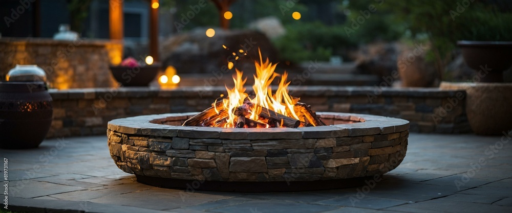 Tranquil stone fire pit in a peaceful garden setting Tranquil stone fire pit in a peaceful garden setting
