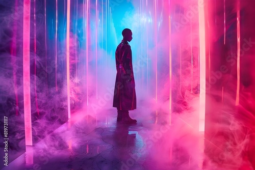 Radiant Quantum Transporter Standing Tall in a Neon Tinged Dreamscape High Concept Fashion Photography Highlighting its Sleek and Captivating Form