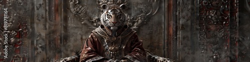 Regal Chinese Tiger Seated on Palace Throne A Captivating D Rendered Sketch in Vintage Muted Tones photo