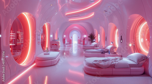 Futuristic Pink Neon Room with Modern Beds