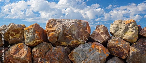 Wall of large boulders, tightly packed and naturally stained with rust and algae, set against a blue sky partially covered by clouds photo