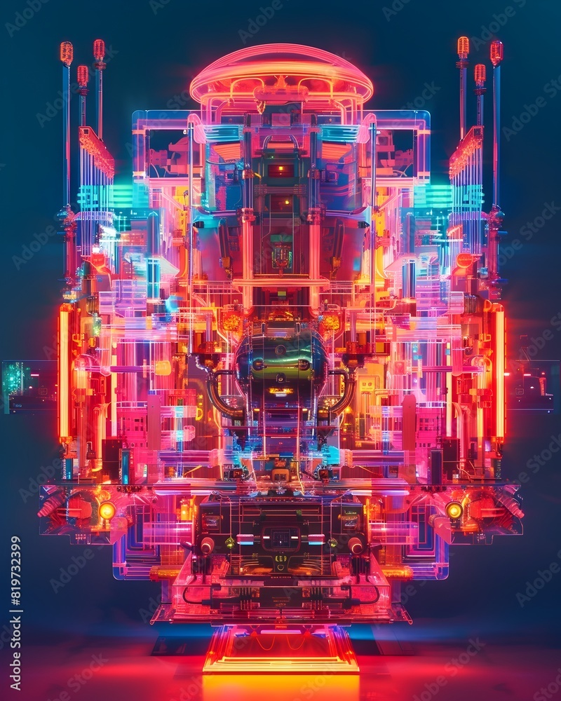 Fototapeta premium Quantum Transporter in Neon Tinged Dream World Shimmering Convergence of Futuristic Engineering and Transcendent Aesthetics