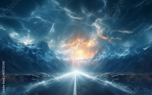 Wallpaper Mural A surreal mountain road leading into a dramatic landscape with stormy skies and a vivid sunset in the background. Torontodigital.ca