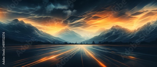 Abstract depiction of a mountain landscape with a vivid, fiery sunset and dynamic light streaks across the scene. photo